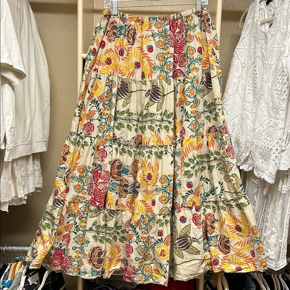 Apostrophe Skirt Women Medium Yellow Tan Tier Ruffle Floral Resort Tropic Cotton - Picture 11 of 11